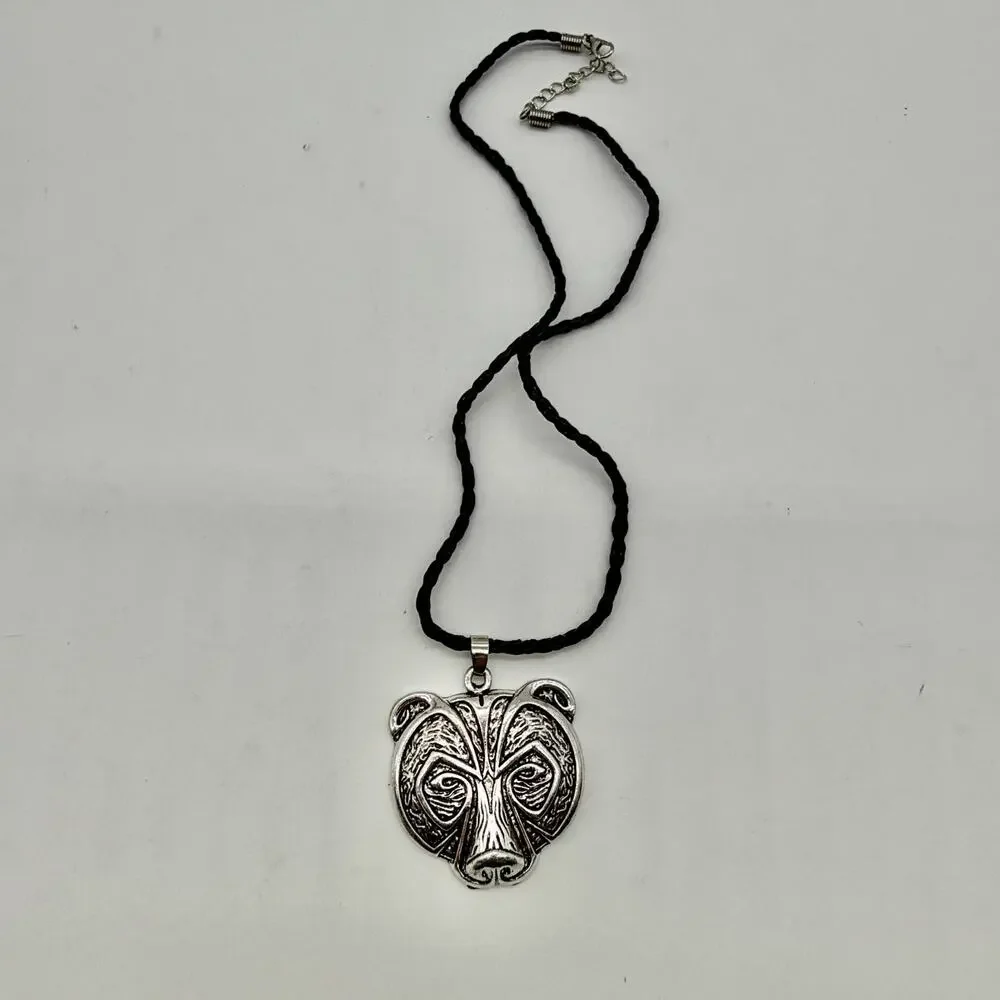 Tribal Bear Pendant Necklace Braided Leather Cord Silver Tone Animal Totem Boho